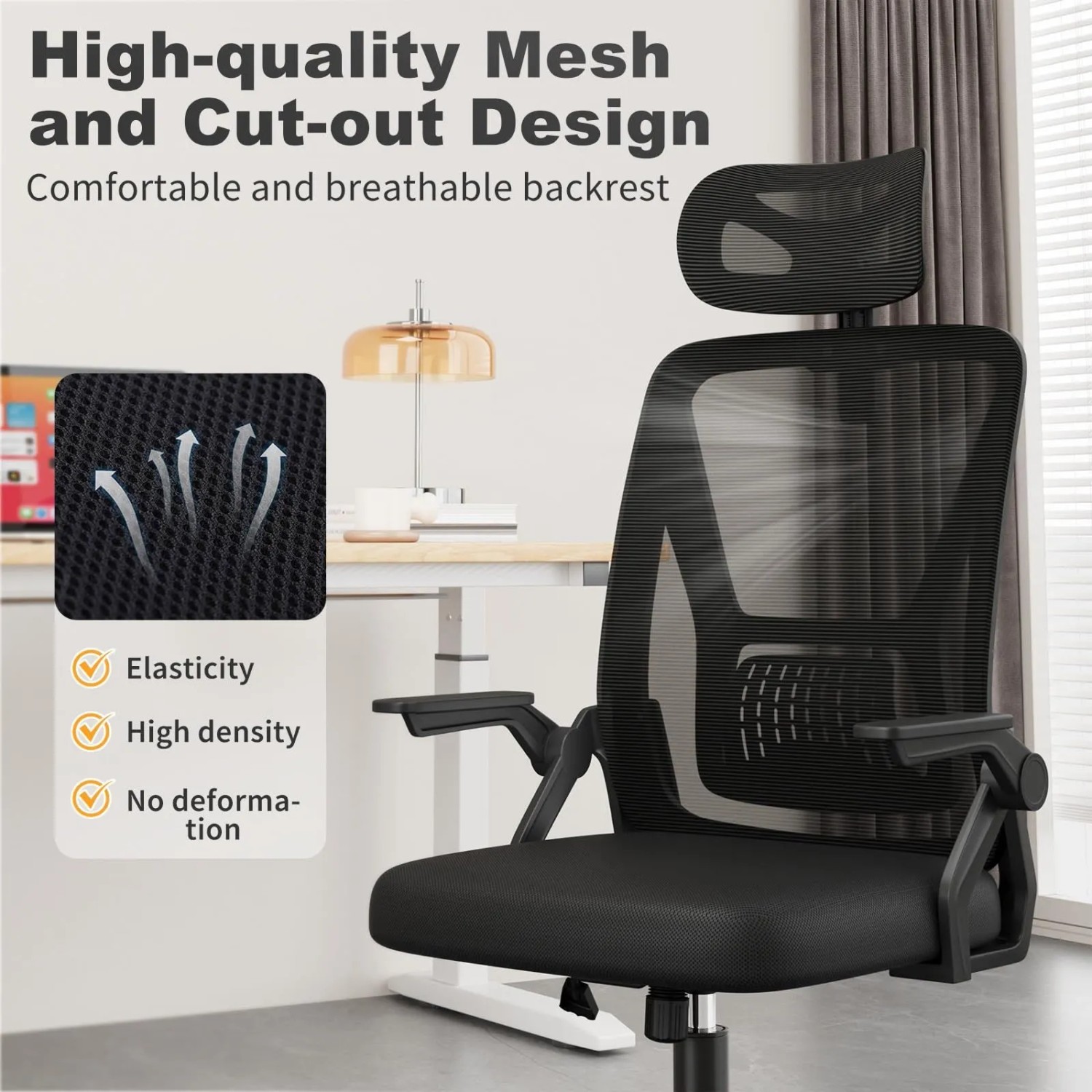 Schwarzer ergonomischer Bürostuhl mit atmungsaktiver Netzrückenlehne, verstellbarer Kopfstütze und hochklappbaren Armlehnen.