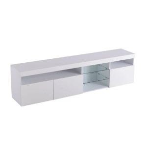 Weißer moderner TV Schrank mit LED Beleuchtung, 180cm breit, Fächern und Glasböden für Wohnzimmer.