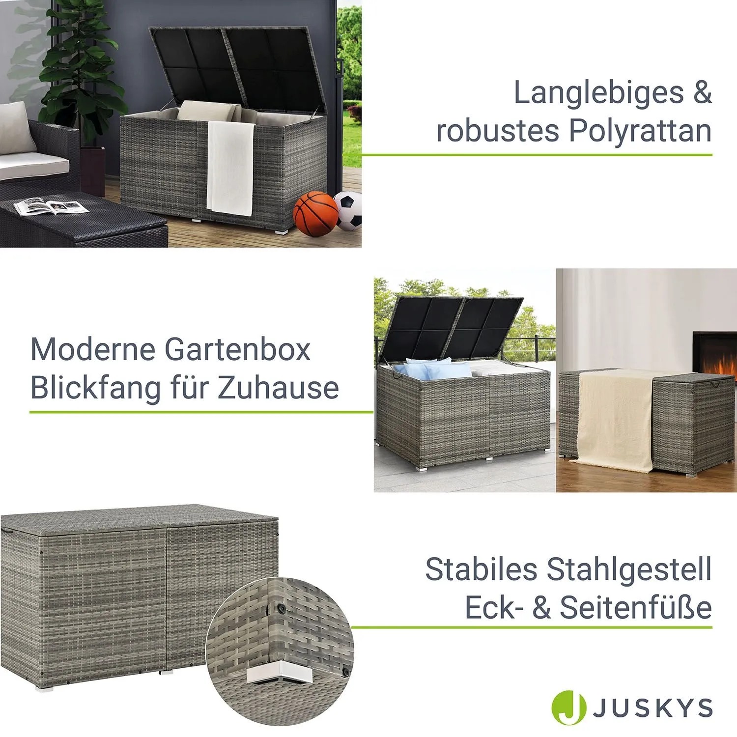 Juskys Polyrattan Auflagenbox Ikaria, grau meliert, für Gartenmöbel & Auflagen.