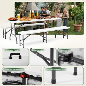 Sekey Bierzeltgarnitur, 180 cm, weiß, mit klappbarem Tisch und 2 Bänken für Garten, Party oder Camping.