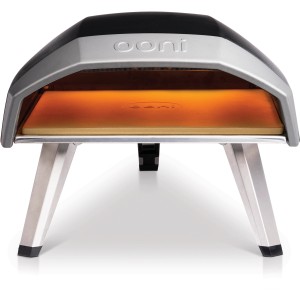 Ooni Koda 12 Gas-Pizzaofen mit Pizzastein und silbernen Füßen.