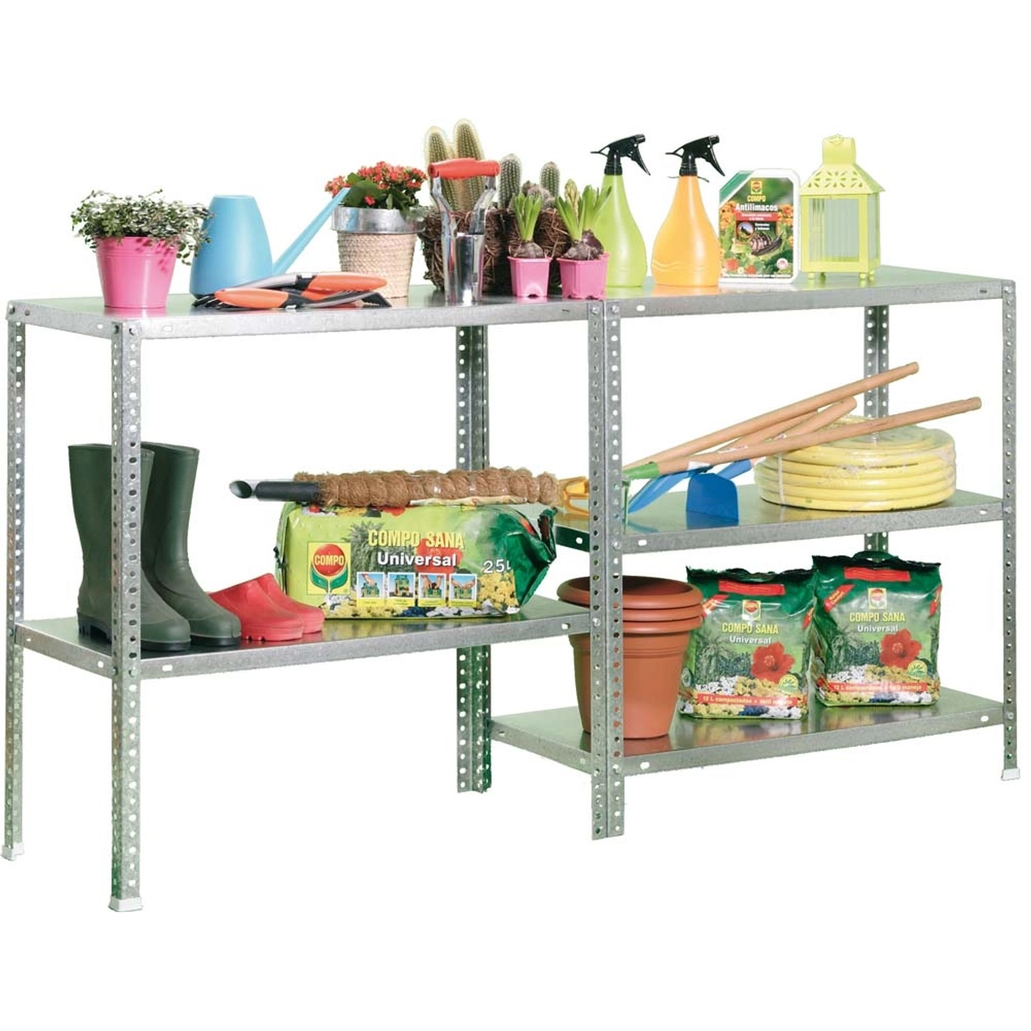 Verzinktes PROREGAL Schraubregal Panda Tall mit fünf Fachböden und Gartenzubehör.