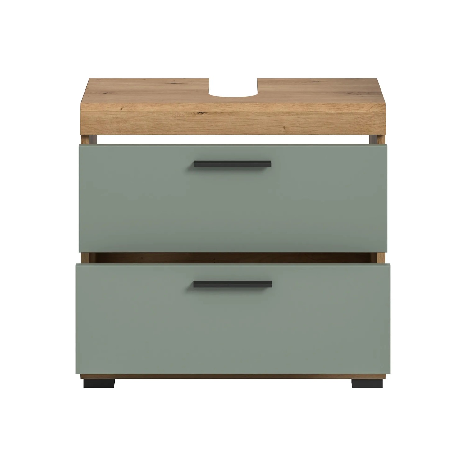 Waschbeckenunterschrank in Salbei mit zwei Schubladen, 60 cm breit.