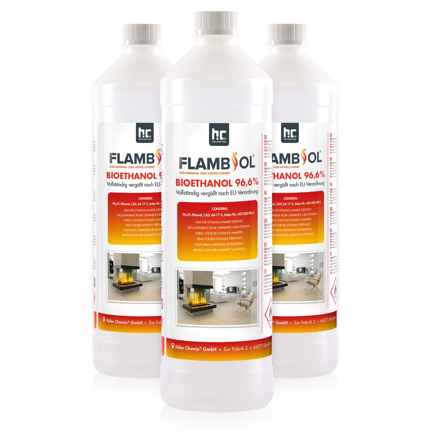 Flambiol Bioethanol 96,6% Premium für Ethanol-Tischkamin in Flaschen 3 x 1l