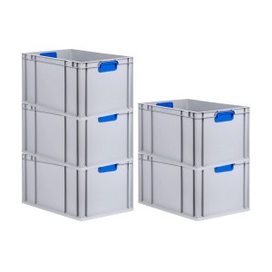 PROREGAL Spar Set: 5 graue Euroboxen (65L) mit blauen Griffen, stapelbar und verstärkt.