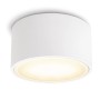 Flacher, runder, weißer LED Aufbauspot Celi-X mit warmweißem Licht für Deckenmontage.