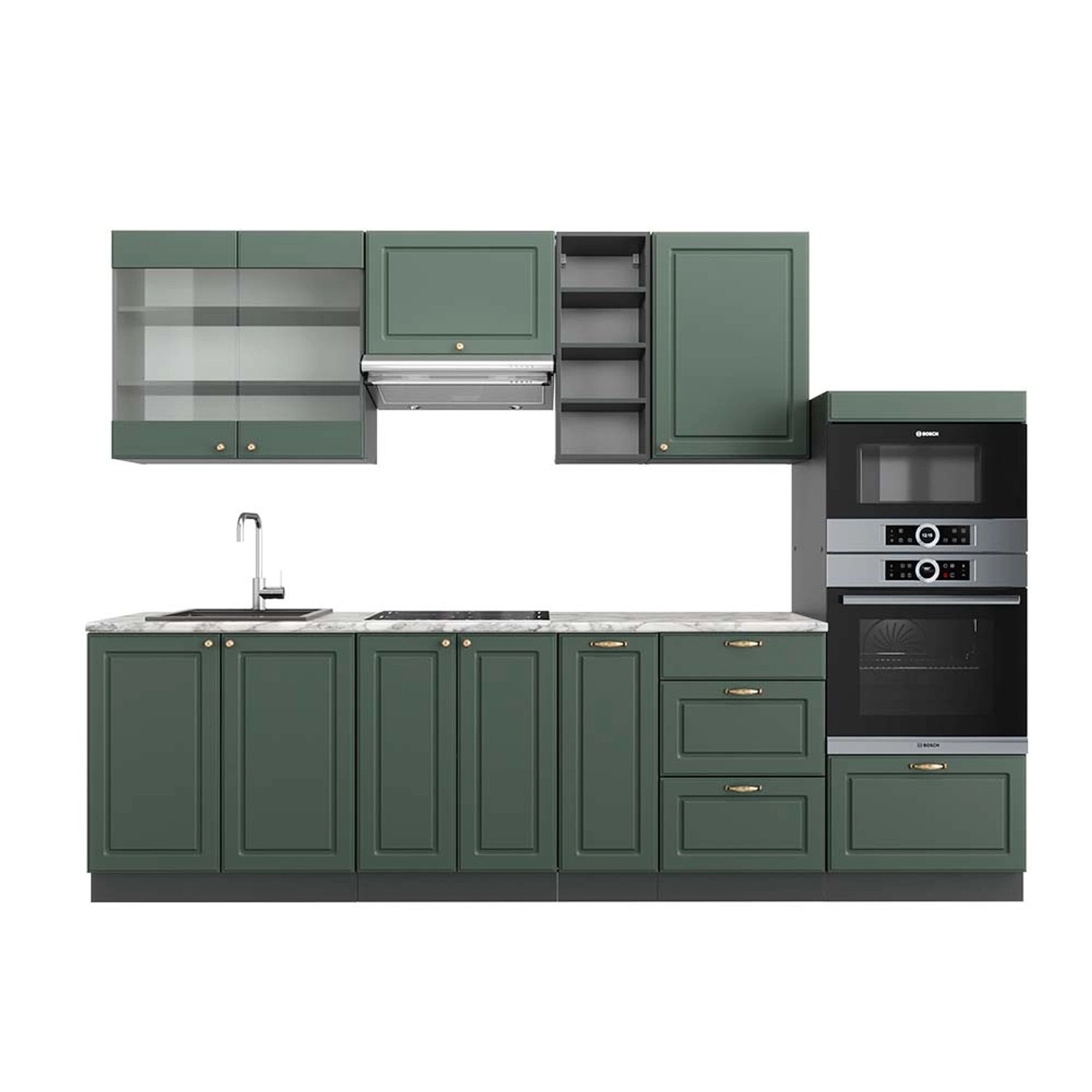 Vicco Fame-Line Küchenzeile Grün-Gold Landhaus/Anthrazit 280 cm AP Marmor günstig online kaufen