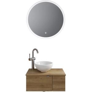 Pelipal Badmöbel-Set Serie 6915 in Riviera Eiche mit Aufsatzbecken und LED-Spiegel, 70 cm breit.