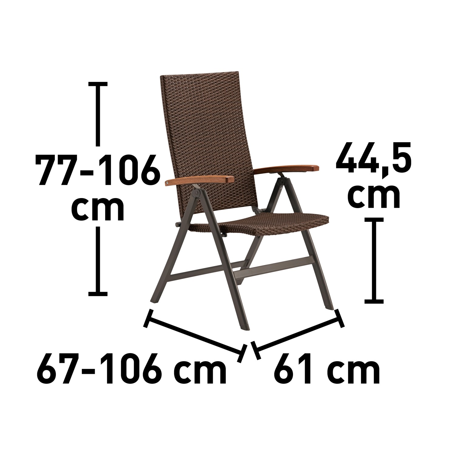 Klappsessel Davenport II Braun mit Polyrattan-Geflecht und Holzarmlehnen, verstellbare Rückenlehne.