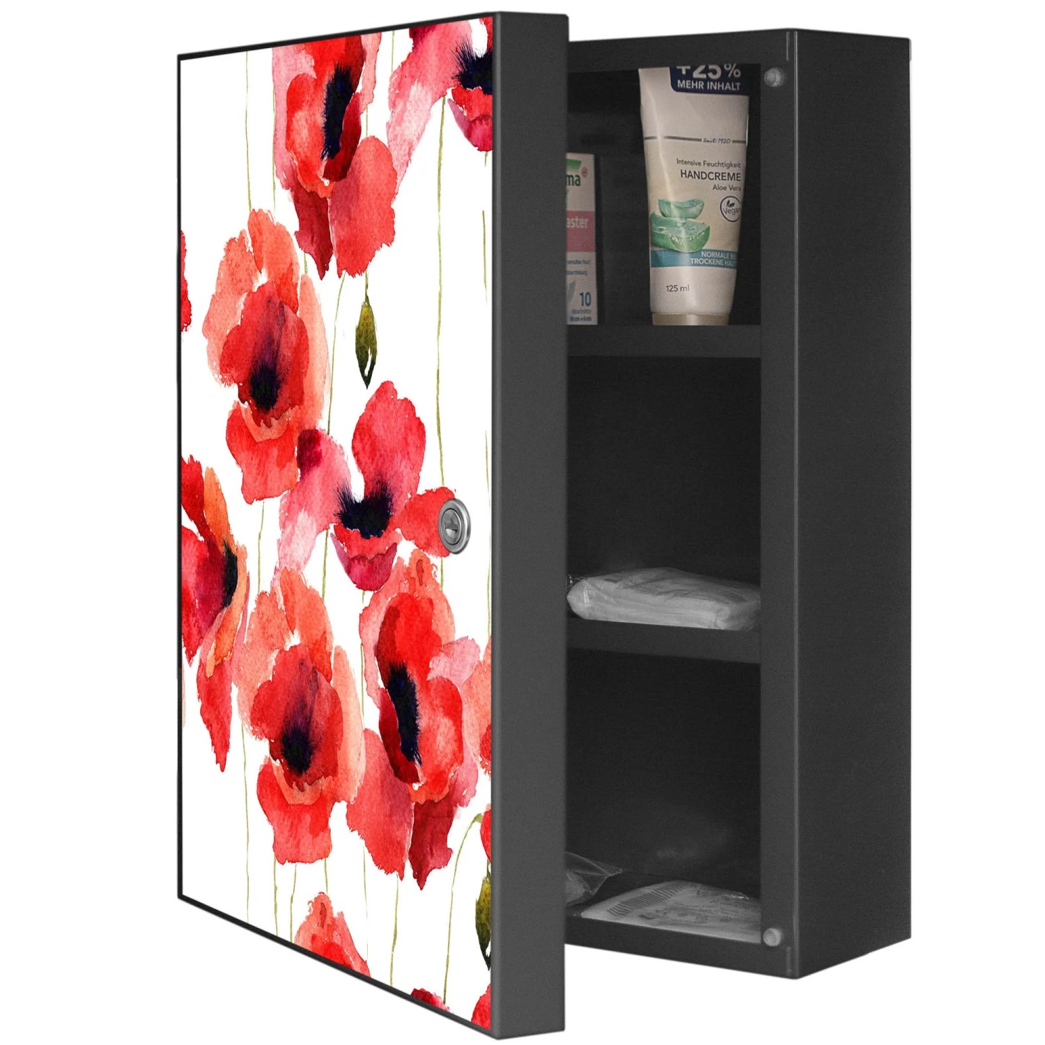 Offener, abschließbarer Banjado XXL Medizinschrank in Anthrazit mit Mohnblumen-Motiv auf der Tür.