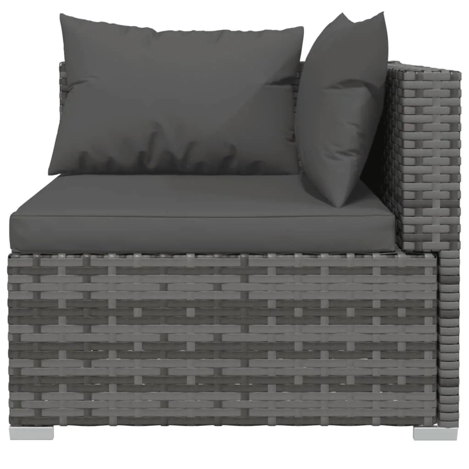 Graues 4-tlg. Garten Lounge Set aus Polyrattan mit anthrazitfarbenen Kissen.