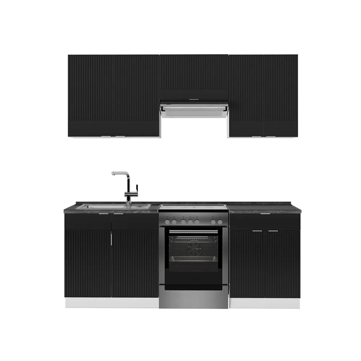 Vicco Fame-Line Küchenzeile Schwarz gestreift/Weiß 200 cm AP Anthrazit ohne E-Geräte