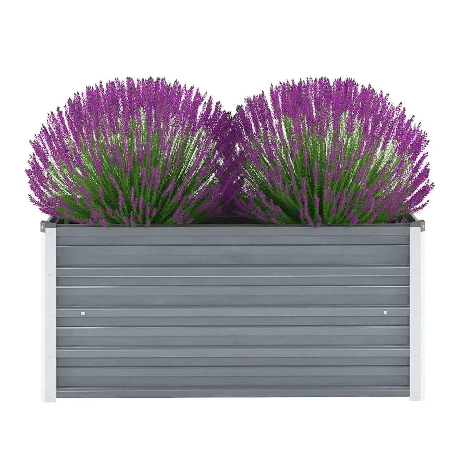 Graues vidaXL Garten-Hochbeet aus Stahl, bepflanzt mit lila Blumen.