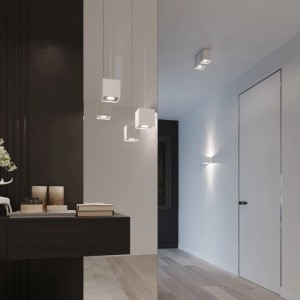 Moderne, weiße Hängeleuchte Quad 1 von Sollux Lighting im Interieur.