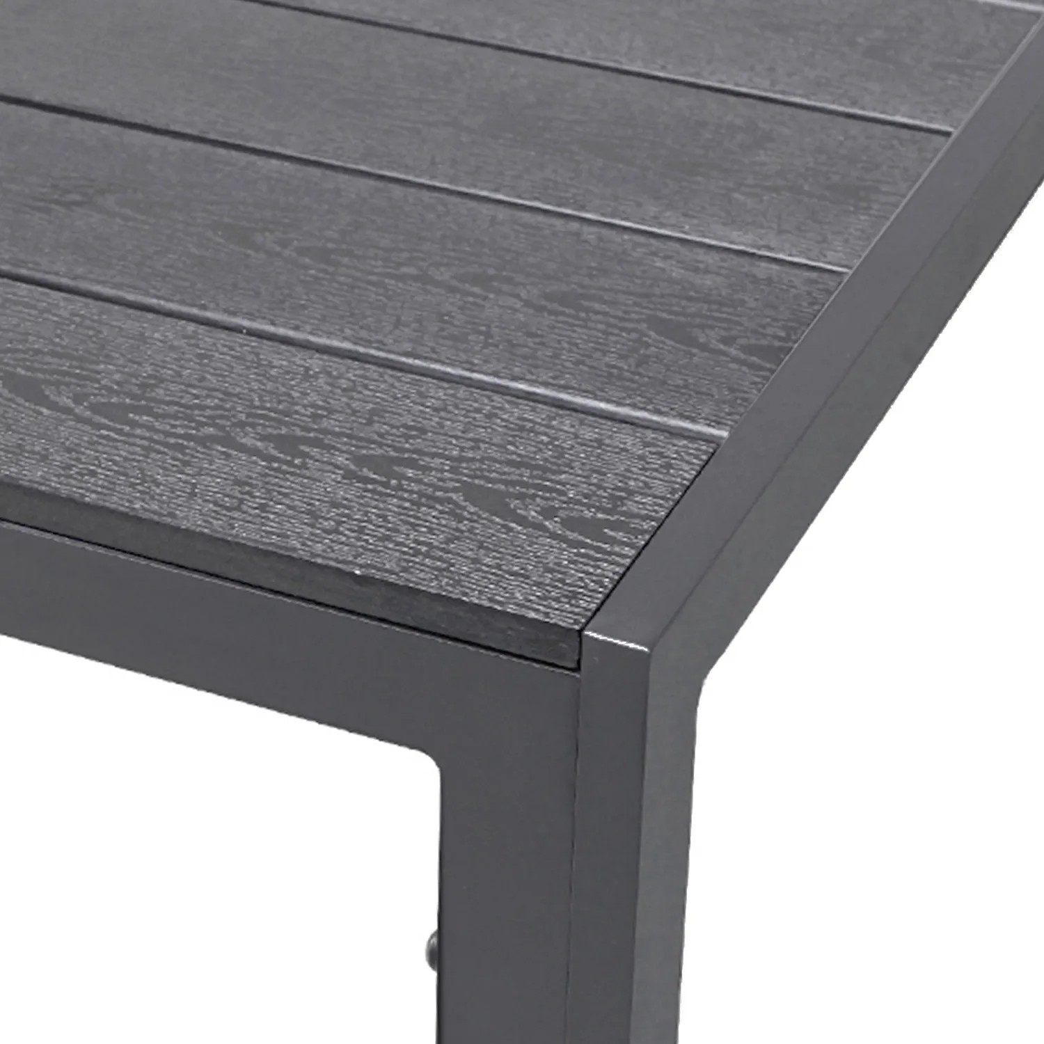 Detailansicht: Mojawo Gartentisch, anthrazitfarbenes Aluminiumgestell, Tischplatte in Holzoptik.