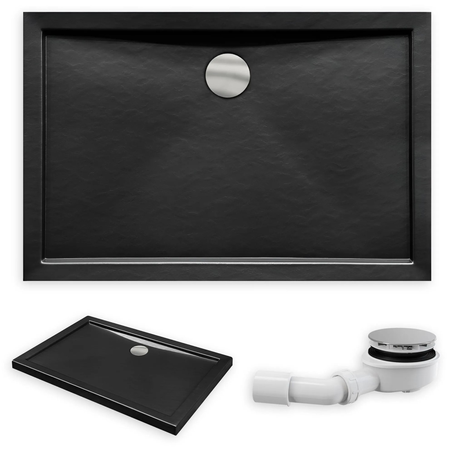 KOLMAN DUSCHWANNE Rechteckig Schwarz Steinoptik 120x80 cm Set mit Ablaufgarnitur