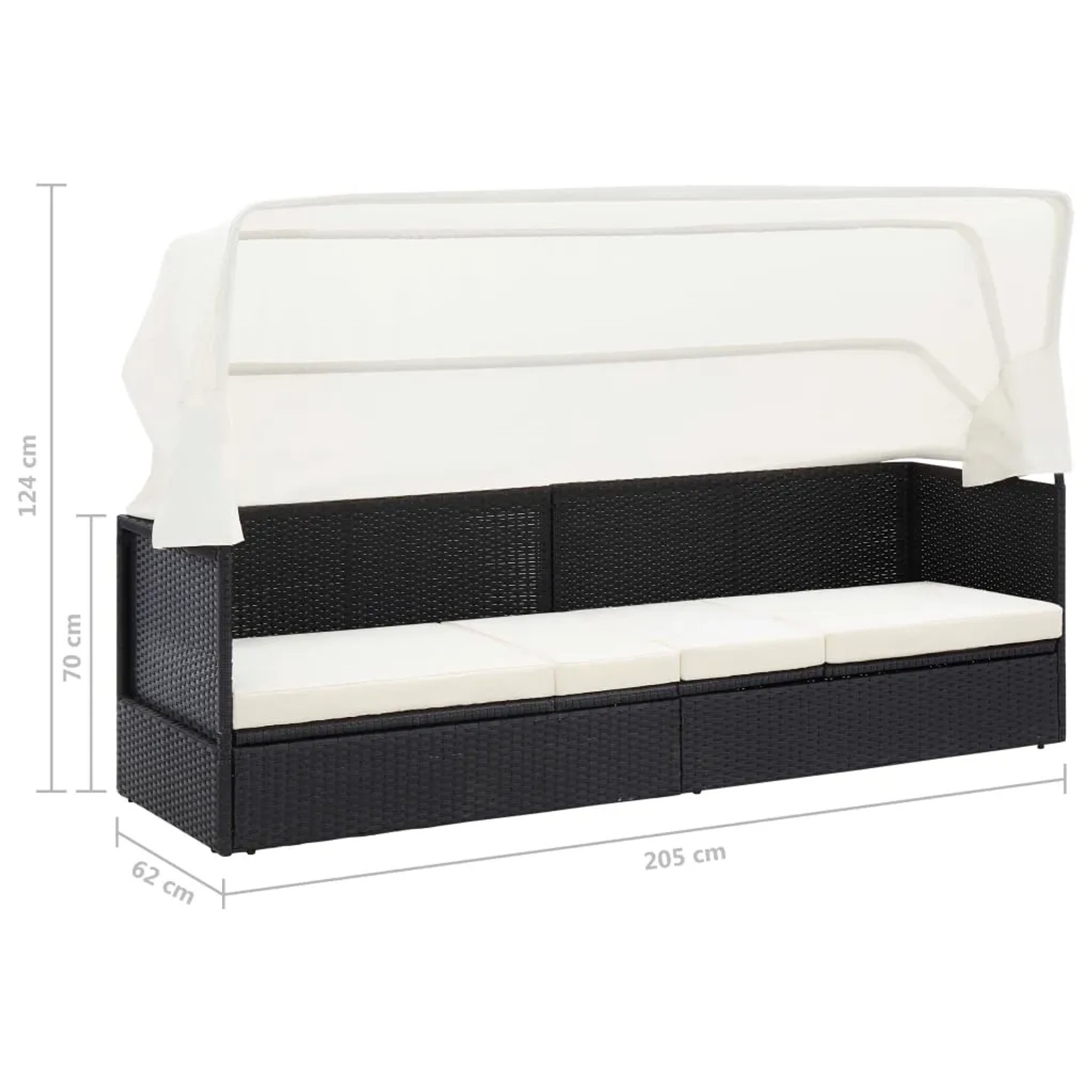 Schwarzes VidaXL Gartensofa mit Sonnendach aus Polyrattan für Garten oder Terrasse.