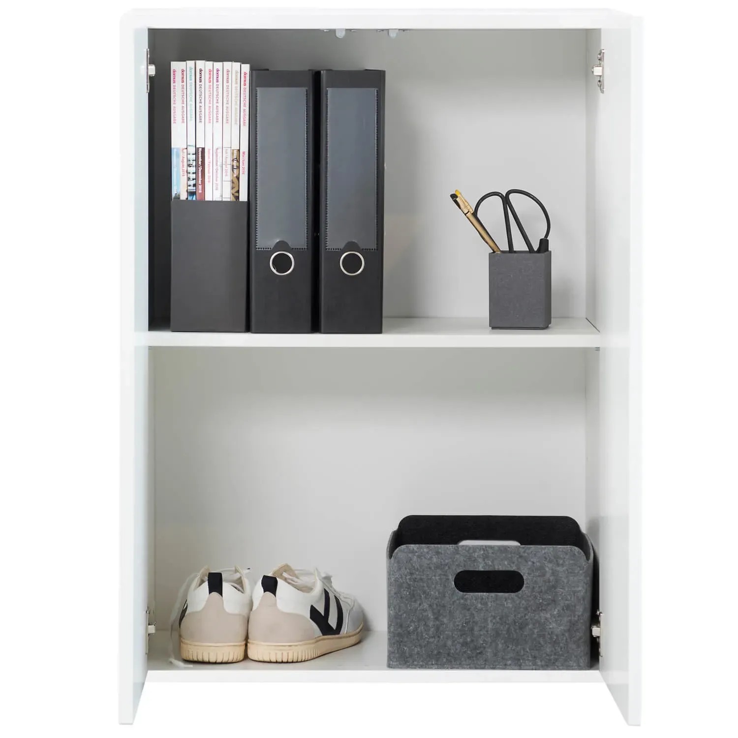 Weißer mokebo Midischrank mit Ordnern und Schuhen, vielseitiger Büroschrank.