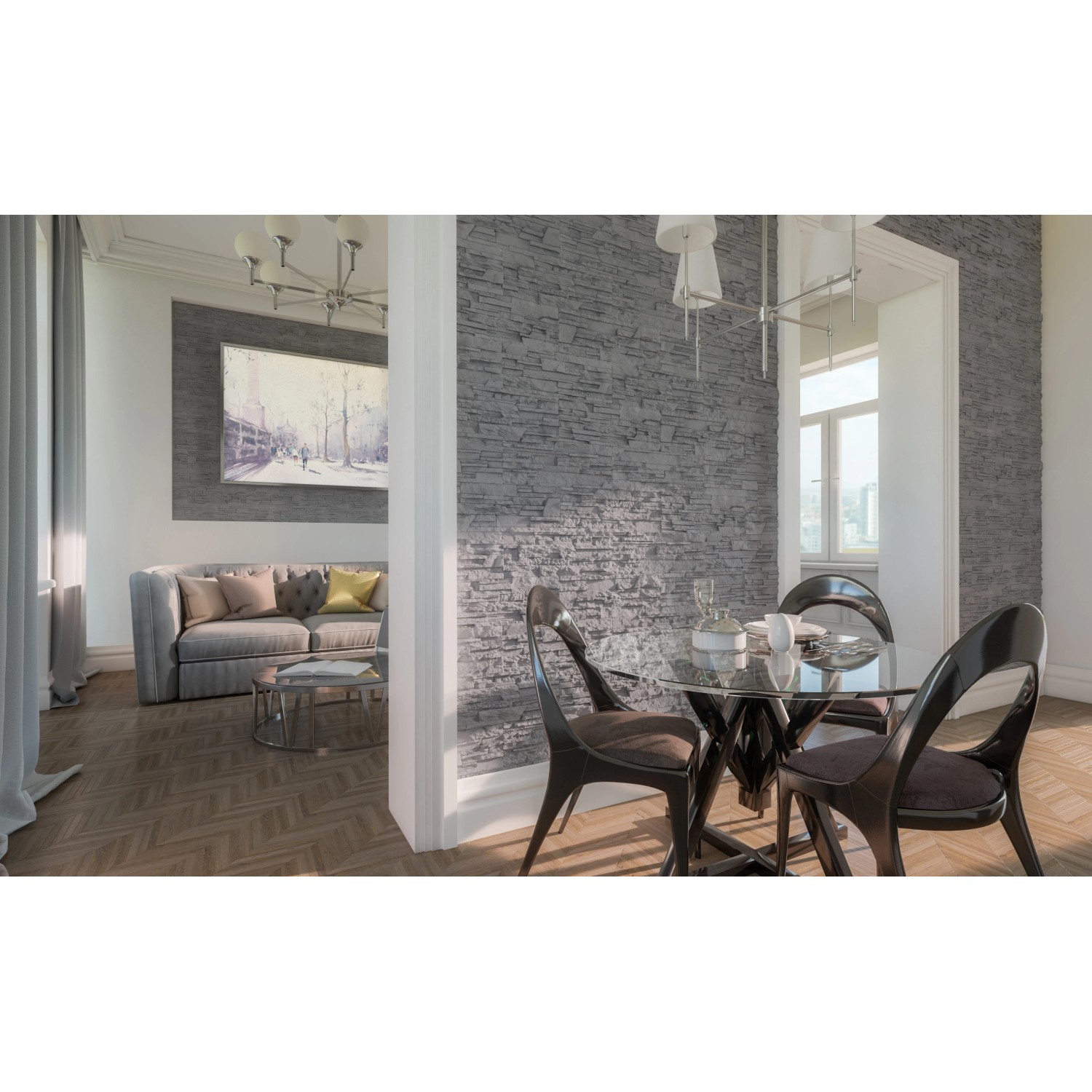 Wohnraum mit grauen Stegu Verblender Antalya 2 Gips Riemchen an der Wand.