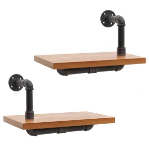 MCW 2er-Set Wandregale N29 im Industrie-Design mit Holzablagen und schwarzem Metallgestell.