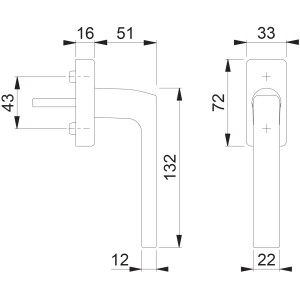 Technische Zeichnung: Dallas Fenstergriff mit Maßangaben, Türbeschlag.