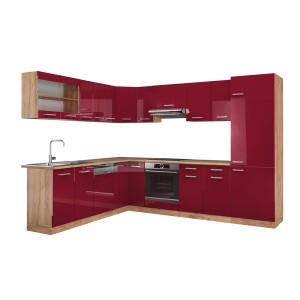 Eckküche R-Line in Bordeaux Hochglanz/Goldkraft Eiche, 227x287 cm, ohne Arbeitsplatte.