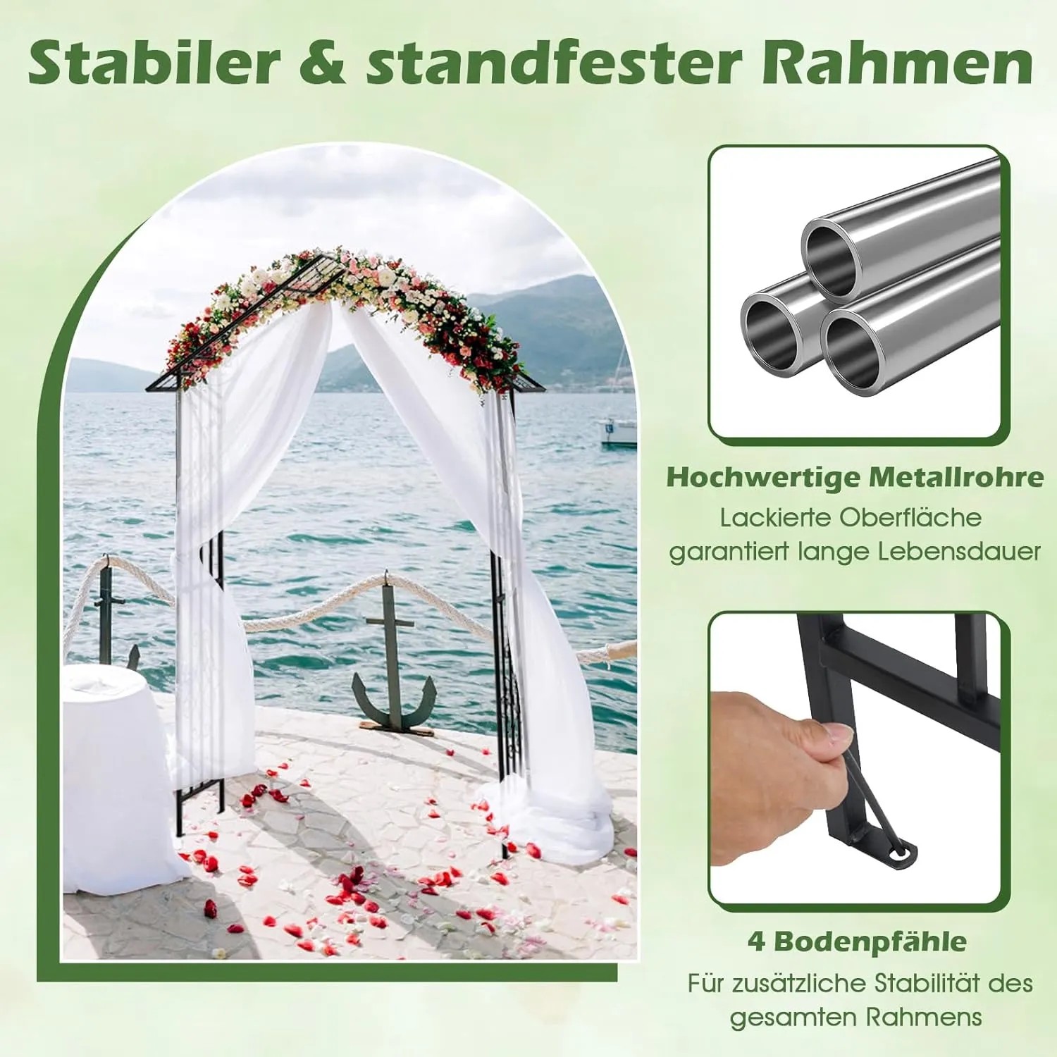 Costway Rosenbogen aus Metall mit dachförmiger Spitze, dekoriert mit Blumen und Stoff.