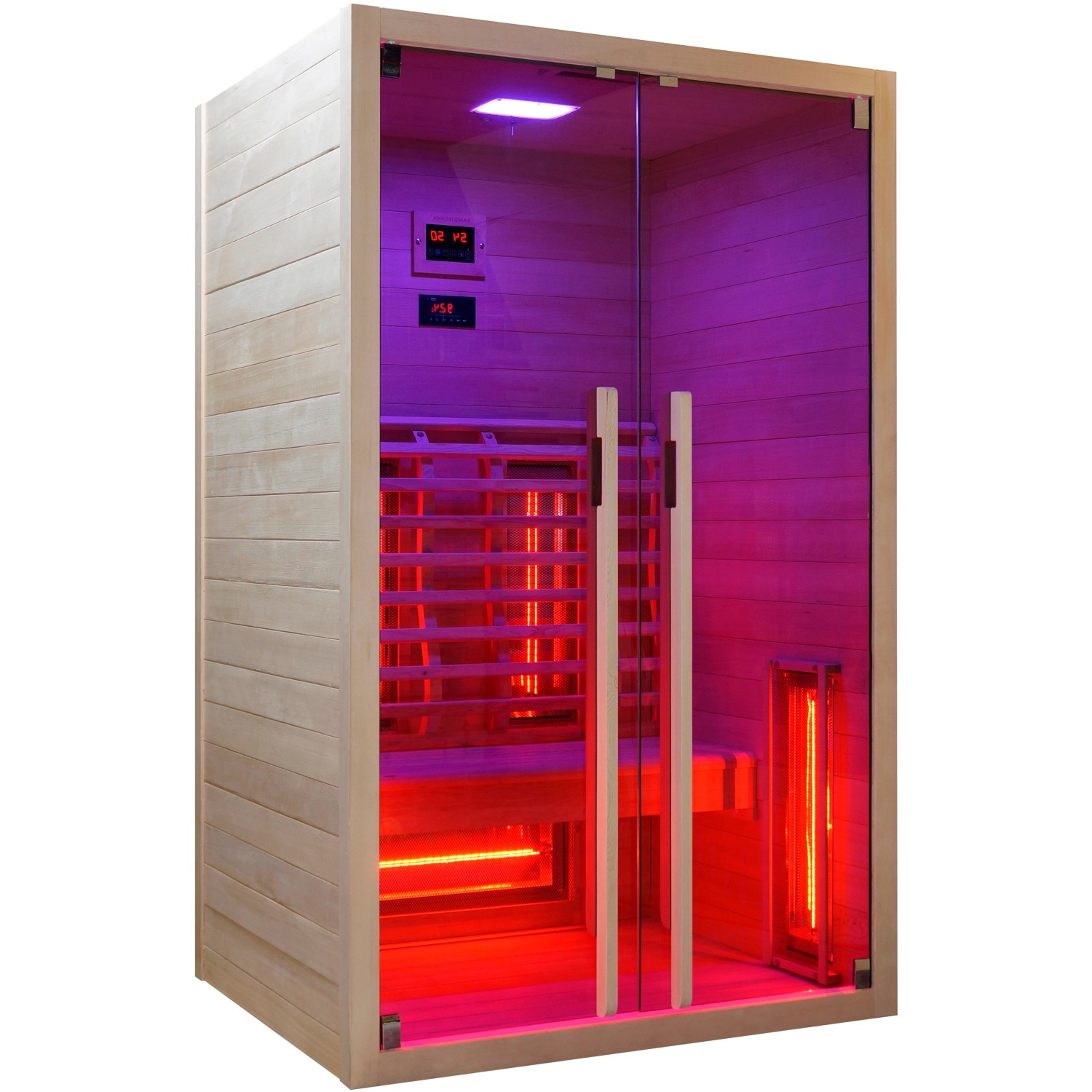 Sanotechnik Infrarotkabine Ruby 2 aus Hemlock-Holz mit Glasfront und Farblicht.