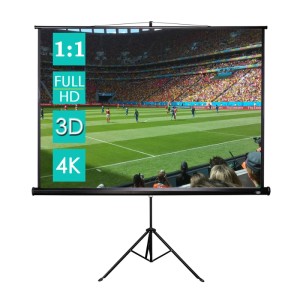 CCLIFE Beamer Leinwand 99 Zoll auf Stativ, zeigt Fußballspiel. Unterstützt 1:1, Full HD, 3D, 4K für Heimkino.