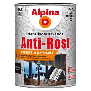 Dose Alpina Metallschutzlack Anti-Rost Schwarz Hammerschlag, 2,5 Liter.