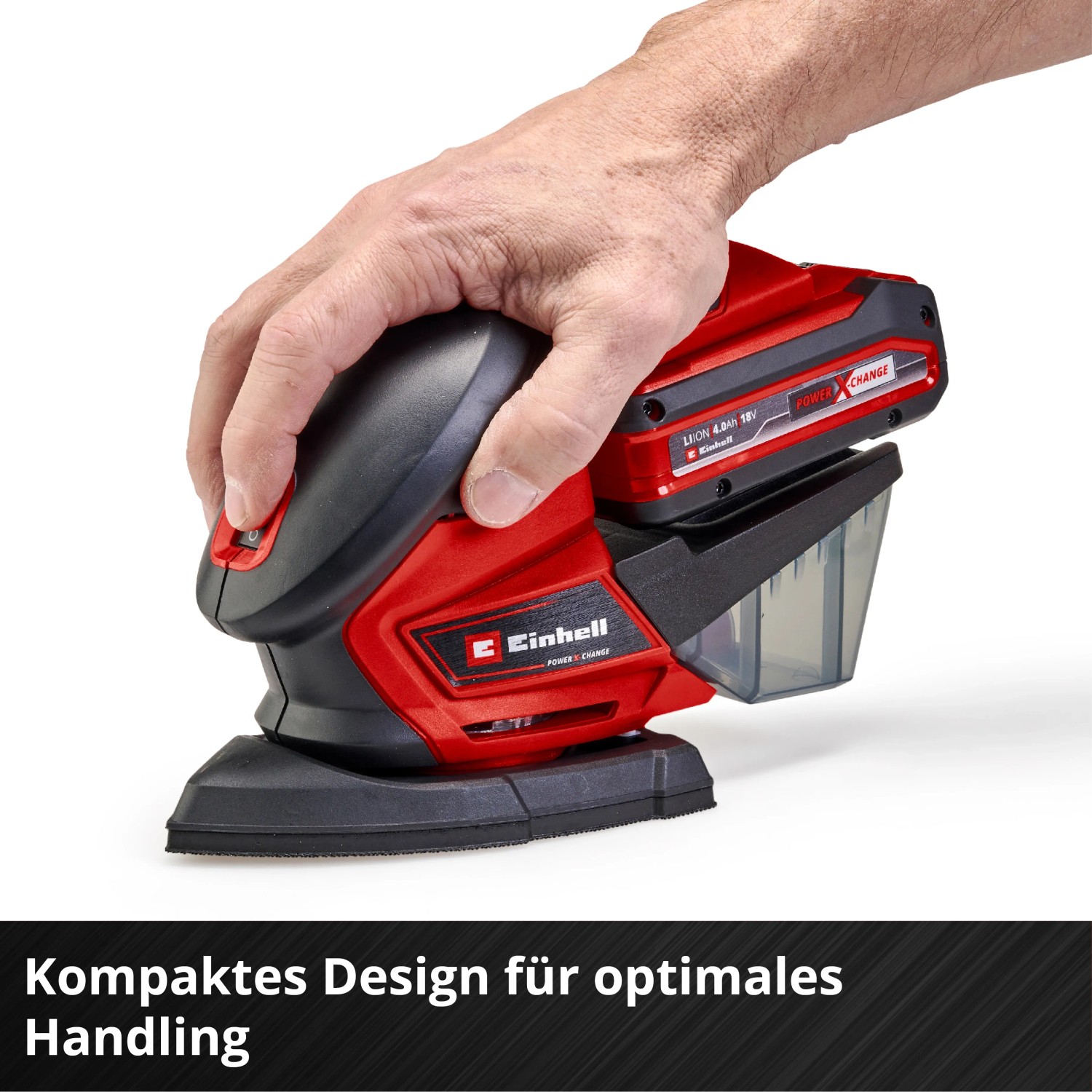 Einhell Akku-Multischleifer TE-OS 18/150 Solo in Rot mit Hand am Griff und Staubfangbox.
