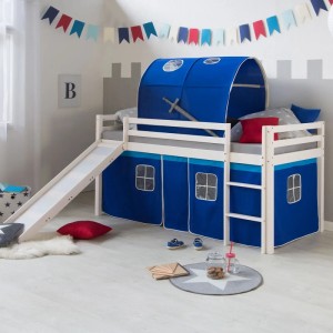 Homestyle4u Hochbett 90x200 mit Vorhang Lattenrost Matratze Rutsche Tunnel in Weiß 2572