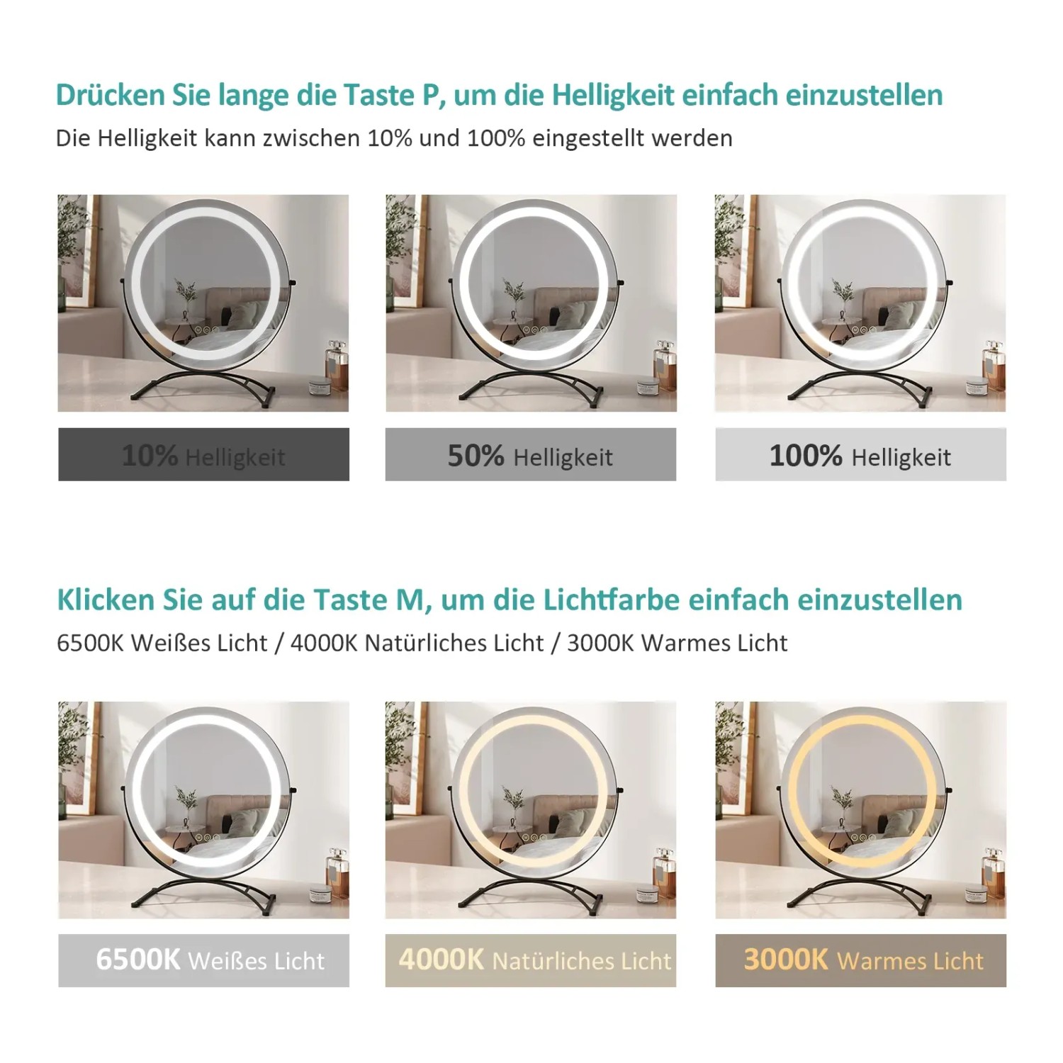 Emke Kosmetikspiegel rund, dimmbar mit 3 Farbtemperaturen, 40cm, verschiedene Helligkeits- und Farbeinstellungen.