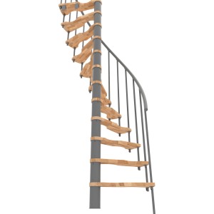 Platzsparende, graue Minka Spindeltreppe Suono Smart mit Buchenholzstufen für den Innenbereich.