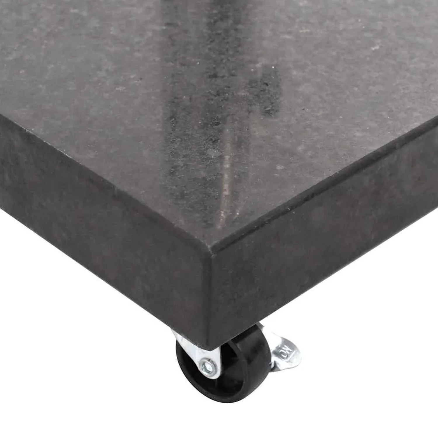 Schwarzer, quadratischer vidaXL Sonnenschirmständer aus Granit (30 kg) mit Rollen.