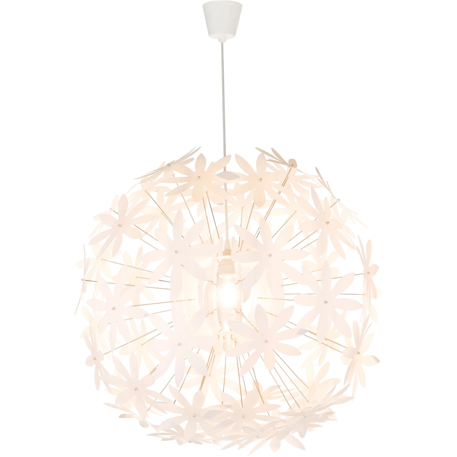 Weiße Globo Pendelleuchte Stella mit Blüten-Design, eine dekorative Hängeleuchte für den Innenbereich.