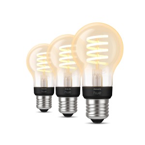 3er-Pack Philips Hue E27 LED-Lampen in Glühlampenform, 7W, warmweißes Licht.