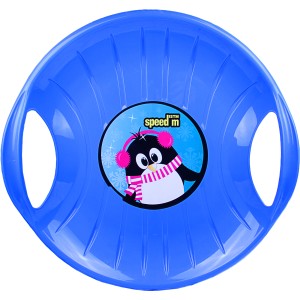 Blauer Ondis24 Tellerschlitten Kamikaze, 60cm Durchmesser, mit Pinguin Motiv.