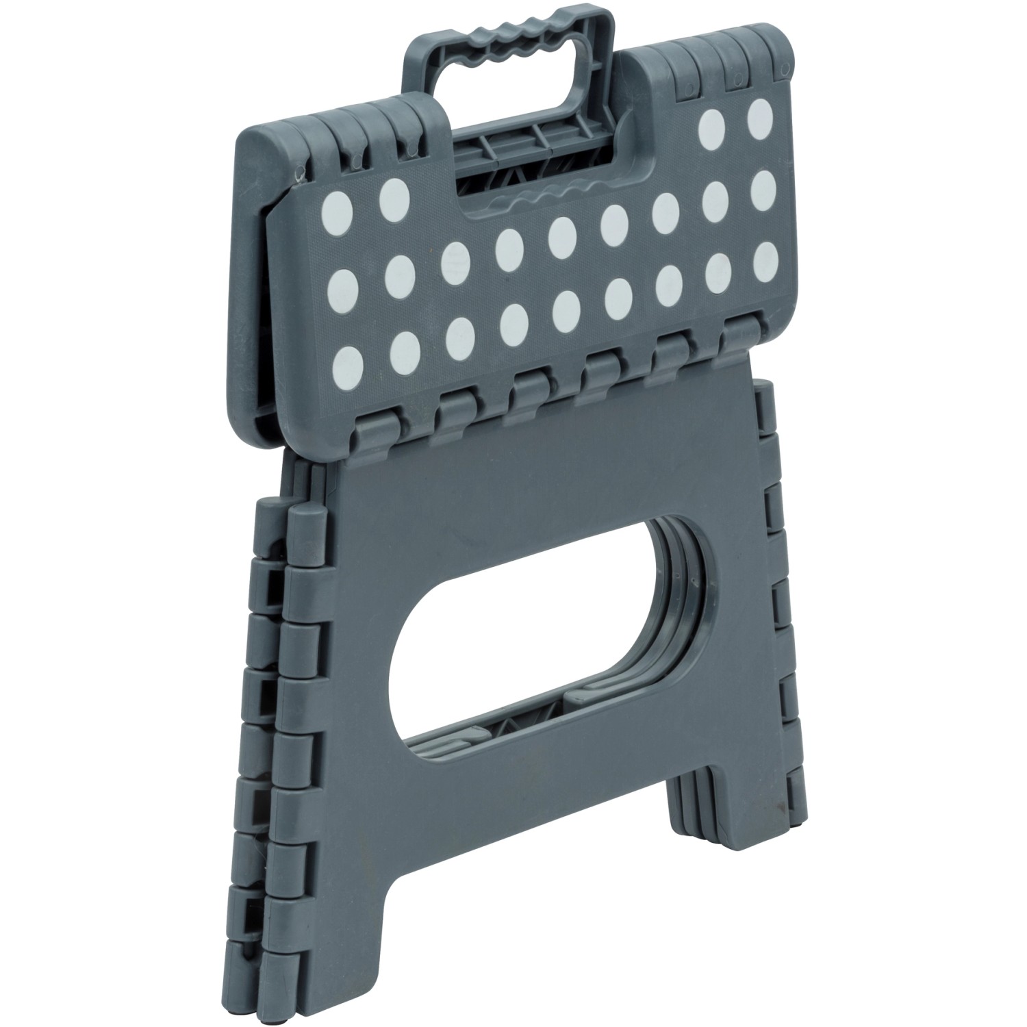 Grauer Wenko Klapptritt mit rutschfesten Füßen und Tragegriff, zusammengeklappt.