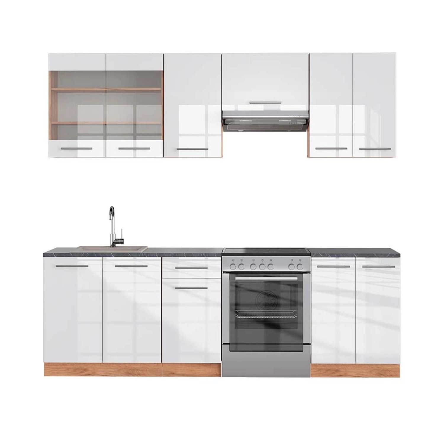 Vicco Fame-Line Küchenzeile Weiß Hochglanz/Goldkraft Eiche 240 cm AP Anthra günstig online kaufen