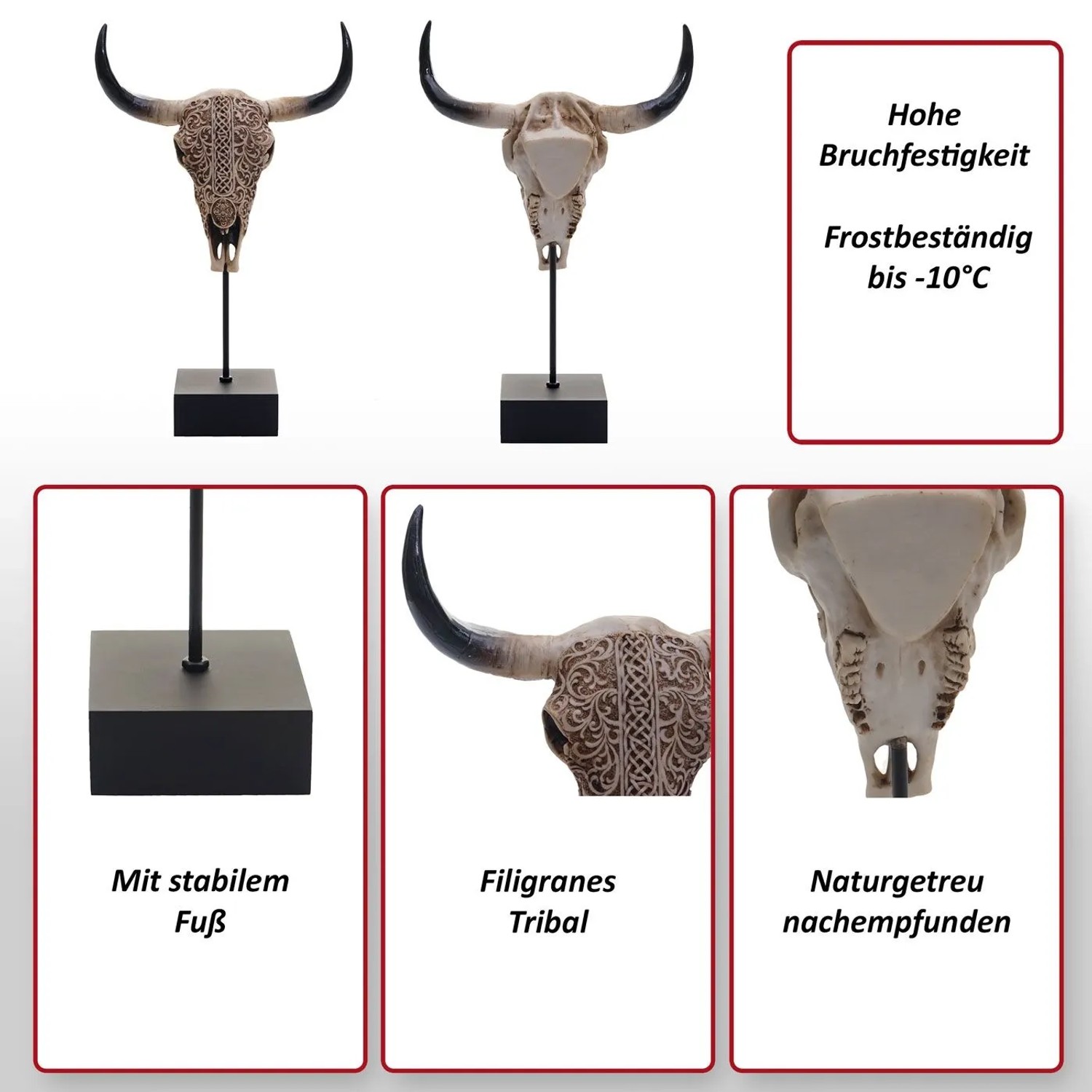 Dekorative Standfigur Kuhschädel aus Polyresin mit filigranem Tribal-Muster auf schwarzem Fuß.