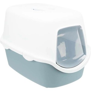 Jollypaw Katzentoilette mit Haube, blau-weiße Kunststoffbox mit Klappe, 40x40x56 cm.