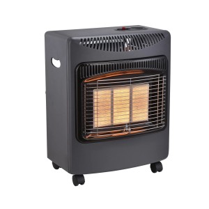 Grauer Sannover Gasheizofen Infrarot Daris 4200 W mit Rollen und Infrarot-Heizelement.