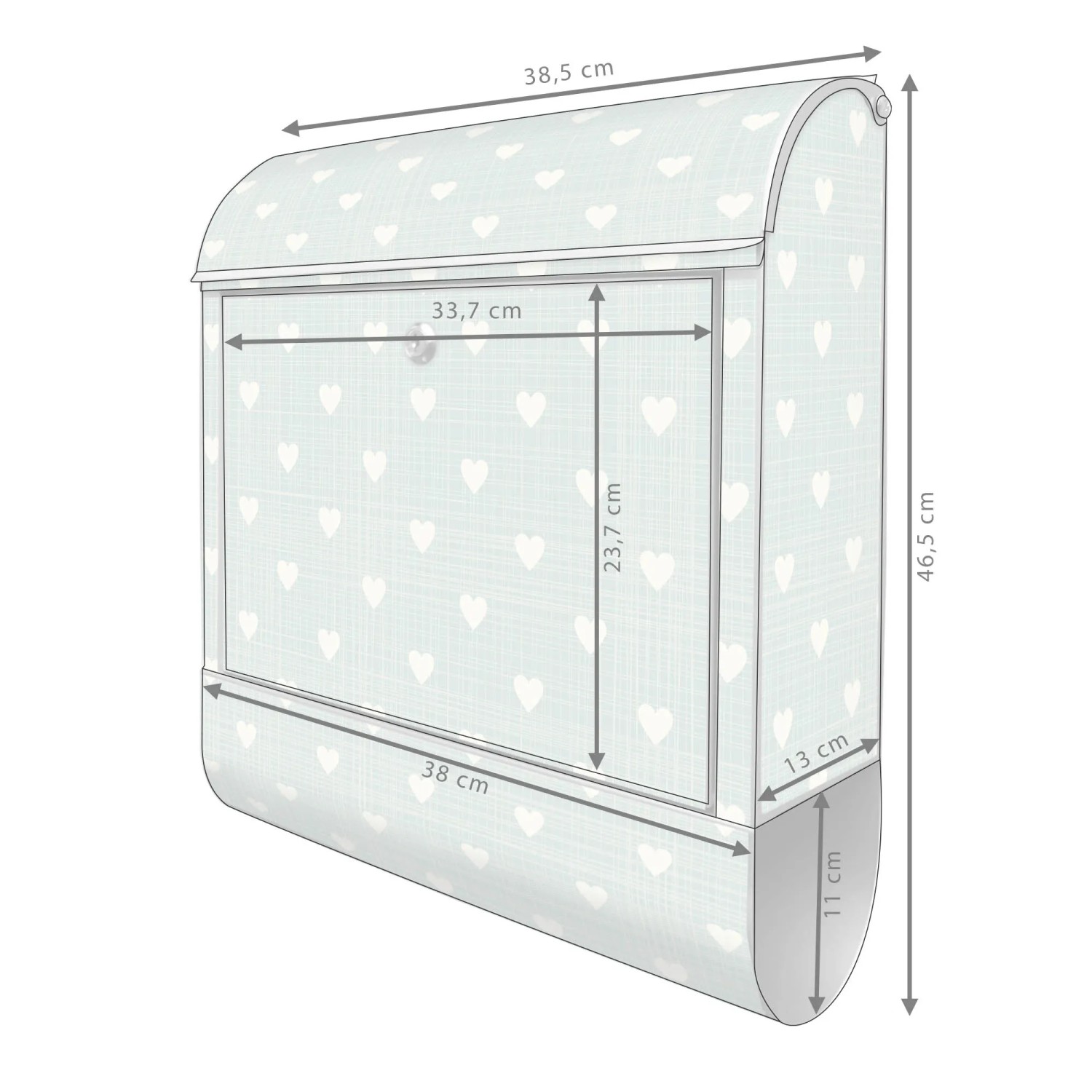 Silberner Banjado Design Briefkasten mit Herzen Muster und Zeitungsfach, pulverbeschichtet, 39x47x14cm.