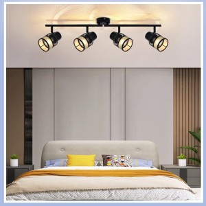 ZMH Vintage Deckenleuchte schwarz mit 4 drehbaren E27 Spots und Stoffschirmen im Schlafzimmer.