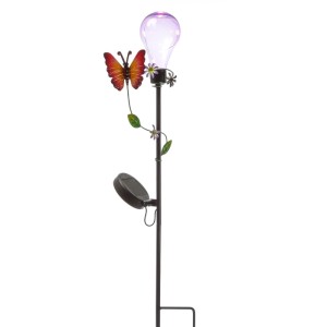 LED Solar Gartenstecker mit lila Glühbirne, buntem Schmetterling und Solarpanel. Ideal für Garten & Balkon, 84cm.