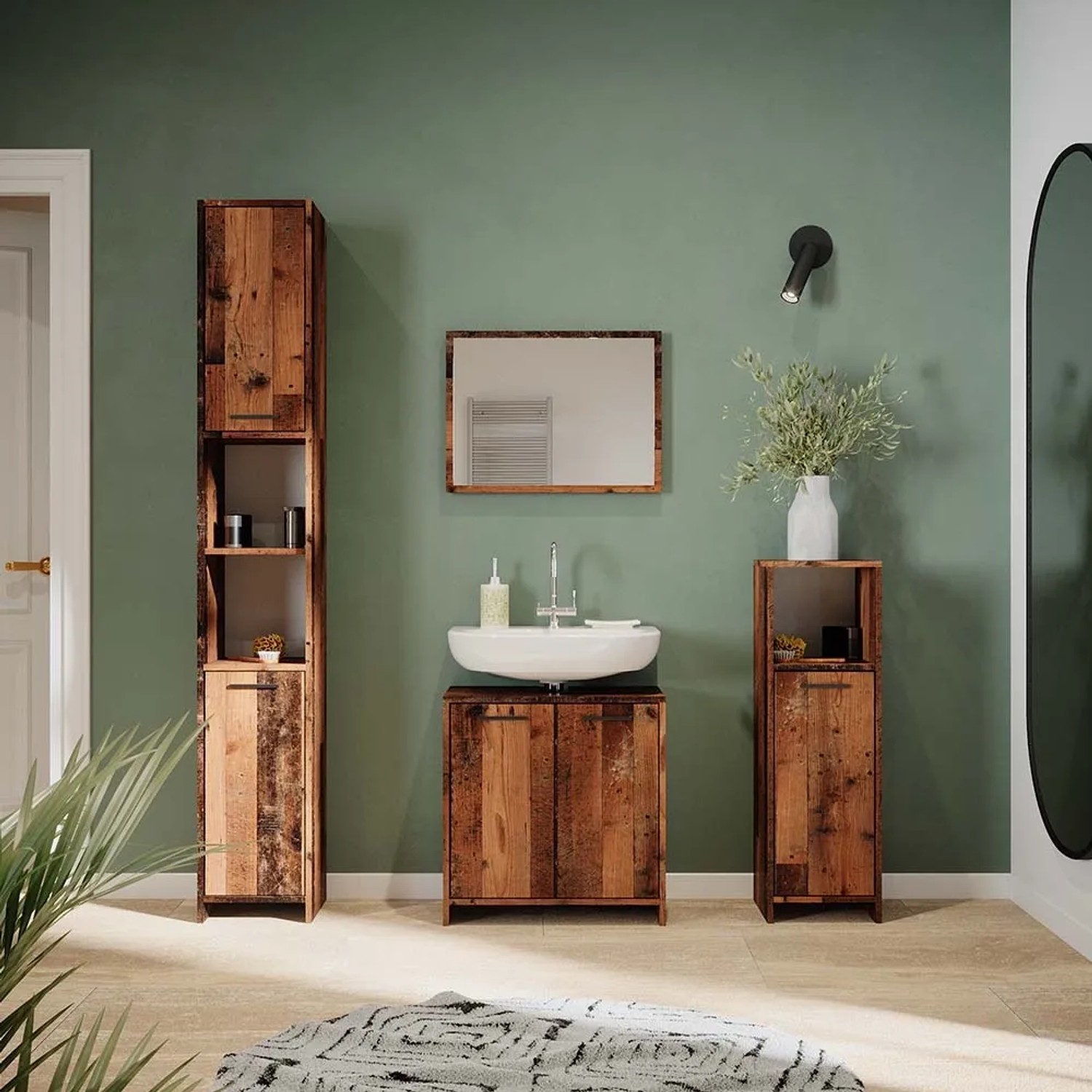 Vicco Badschrank Kiko Eiche Rustikal, 30x190 cm, mit offenen Fächern und Türen für Badartikel.
