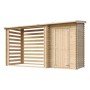 TIMBELA Gartenhaus M205 mit Brennholzregal, unbehandeltes Holz, ohne Boden.