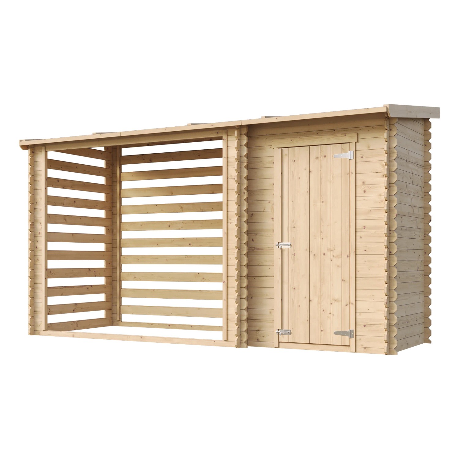TIMBELA Gartenhaus M205 mit Brennholzregal, unbehandeltes Holz, ohne Boden.