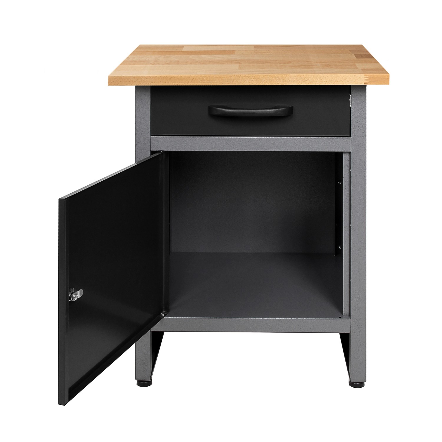 Ondis24 Werkbank Wolle mit Buchenholzplatte, Schublade und offenem Schrankfach.